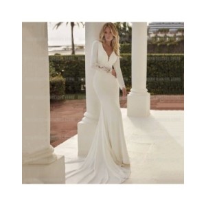 Vestidos De Novia De manga larga para mujer, traje De sirena con escote en V, Espalda descubierta, satén, 2024