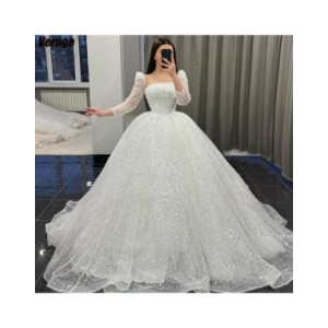 Verngo-vestido De Novia De manga larga para mujer, sin tirantes con lentejuelas traje De Novia, largo hasta el suelo