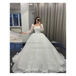 Verngo-vestido De Novia De manga larga para mujer, sin tirantes con lentejuelas traje De Novia, largo hasta el suelo