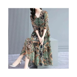 Vintage elegante estampado Floral botón gasa vestidos verano 2022 media manga cuello en V suelto pulóver Midi vestido señoras ro