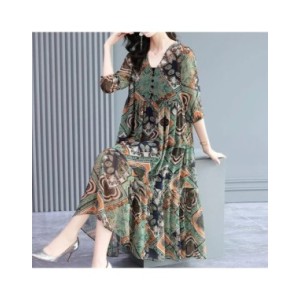 Vintage elegante estampado Floral botón gasa vestidos verano 2022 media manga cuello en V suelto pulóver Midi vestido señoras ro